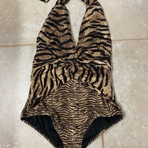 Michael Kors Tiger Front Twist Halter One-Piece